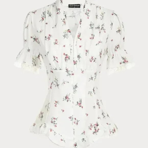 Scarlet Darkness Tops - Scarlet Darkness White Floral Victorian Printed Pleated Shirt Lace Up